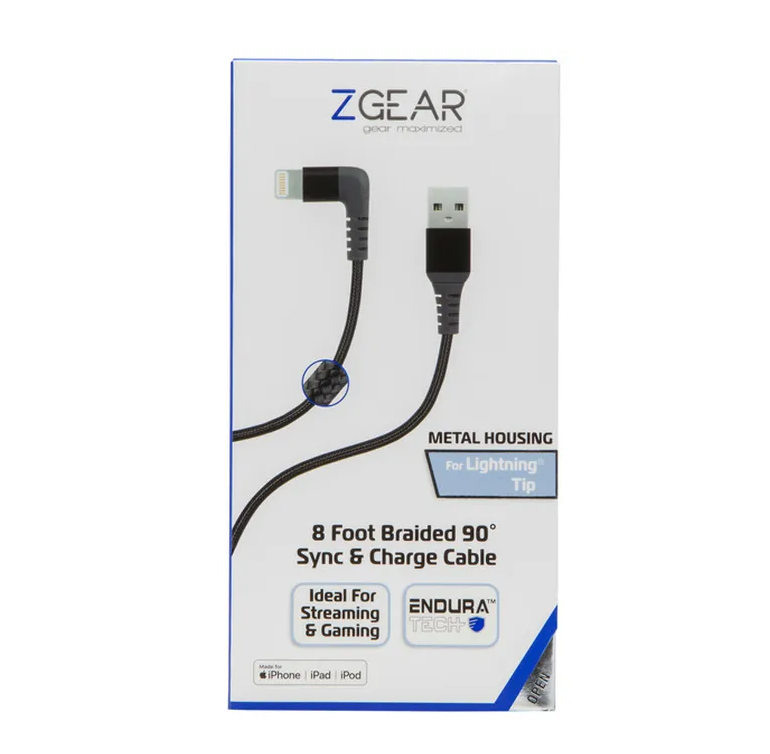 Zgear Lightning/USB 90 Degree Fast Charge Braided Cable with EnduraTech