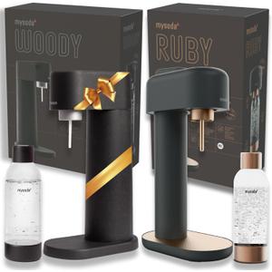 Sparkling Water Maker Christmas Gift 2-Pack - Mysoda Xmas Gift Includes Ruby 2 Aluminium Soda Maker with 1L Premium Copper Bottle And Woody Wood Composite Sparkling Water Maker With 1L Bottle