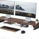 Fenge Dual Monitor Stand Riser, 42.5 Inch Desk Top Shelf for 2 Monitors, Computer Stands for Desk, Wood & Steel Desktop Riser for Laptop, PC, Printer (Brown)