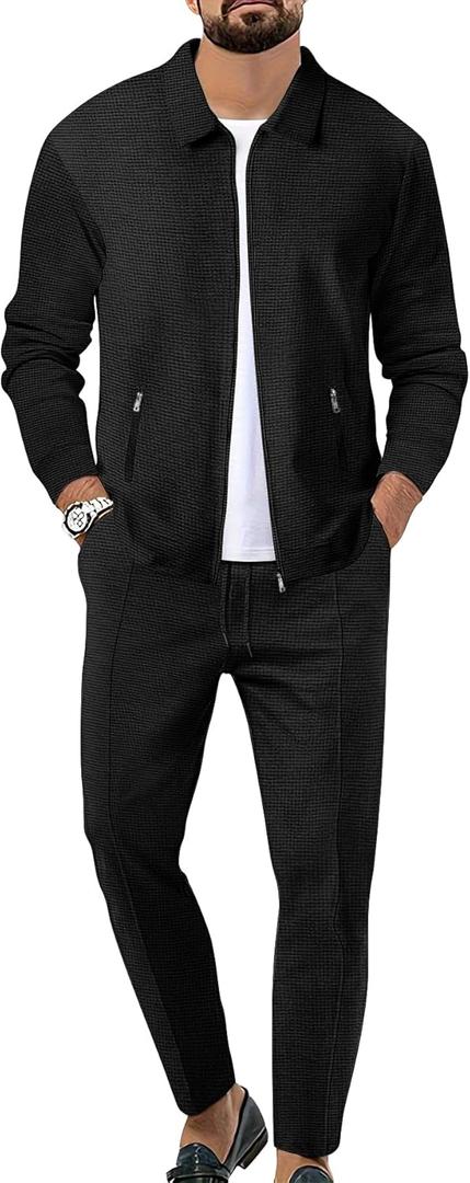Men's Waffle Tracksuit 2 Pieces Set Casual Long Sleeve Zip Up Sweatsuits Solid Athletic Jogging Suit Sets (Black, S)