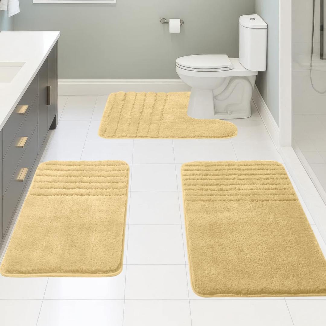 Bath Rugs Set 3 Pieces Bathroom Mat Soft Absorbent Plush Shaggy Soft Floor Non Slip Shower Bath Tub Machine Washable (Honey Gold-Strip, 20"x32"/20"x20"/17"x24")