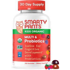 SmartyPants Organic Kids Multivitamin Gummies: Probiotics, Omega 3 (ALA), Vitamin D3, C, Vitamin B12, B6, A, K & Zinc for Immune Support, Biotin, Three Fruit Flavors, 120 Count (30 Day Supply), EXP: 01/22/2027