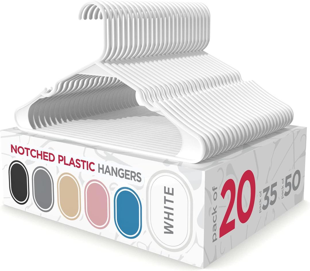 Sharpty - Plastic Hangers - Adult Clothes Hangers - T-Shirt, Dress, Coat Hangers & Accessories - Notched Hanger, Durable & Versatile Color Clothing Closet Hanger(20-Pack,White)