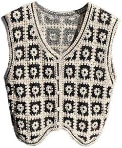 GORGLITTER Women's Crochet Cropped Vest Boho Colorful Knit Sleeveless Button Up Vintage Cardigan Western Cowgirl Tops, Size M
