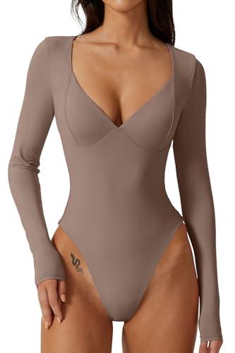 QINSEN Bodysuit Shirts for Women V Neck Seamed Cup Long Sleeve Shirt Double Lined Tops Rose Taupe Medium