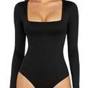 MANGOPOP Women's Square Neck Long Sleeve Bodysuit Sexy Body Suits Shirt Slim Fitted Tops A Black Large