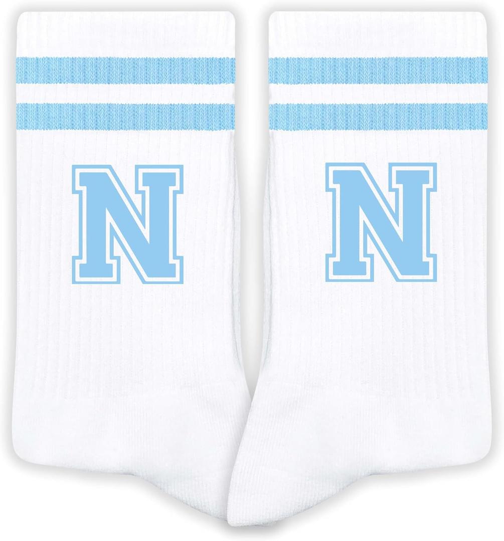 Blue And White-Striped Letter Socks, Sports Socks For Men, Blue Team socks, Friends And Family, Birthday Gift.(N)