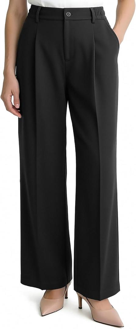 Wide Leg Pants for Women Loose Work High Waisted Dress with Pockets (Black, S)