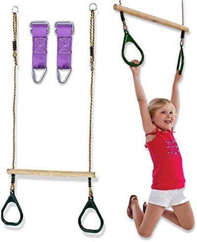 Wooden Trapeze Swing Bar for Kids - 18" Adjustable Height Monkey Bars Rings Swingset Accessories - Ninja Warrior Obstacle Course for Kids - Jungle Gym Accessories Playground Attachments