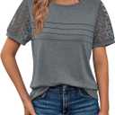 AUTOMET Women's Short Sleeve Shirts Dressy Lace Summer Tops 2026 Spring Trendy Casual T-Shirts Cute Work Outfits Blouses (Large, Grey)