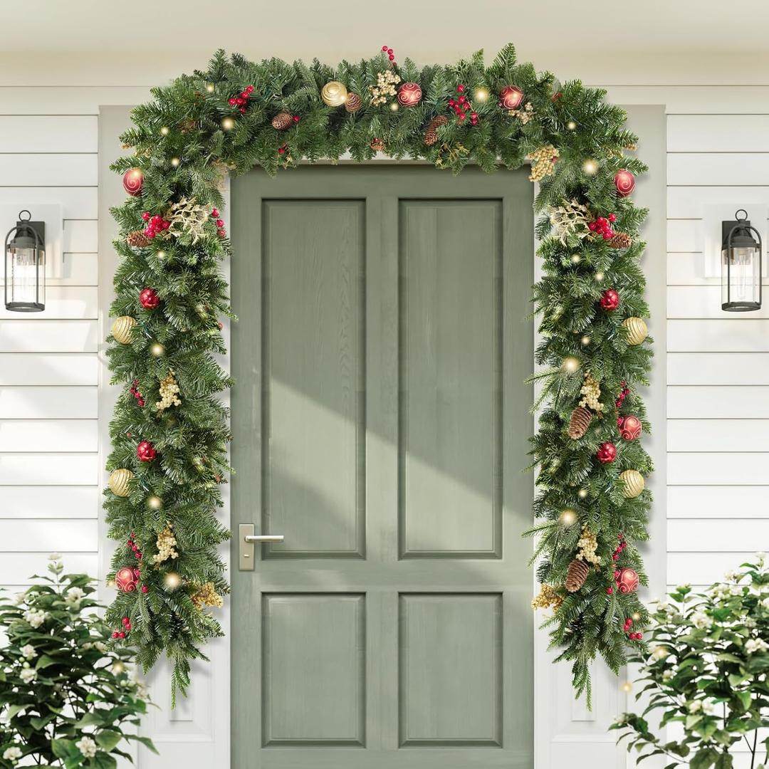 9FT Pre-Lit Artificial Christmas Garland with 50 Led Light, Green, Decorated with Pine Cones, Glitter Powder Gold Ball, Christmas Collection Indoor Outdoor Decor