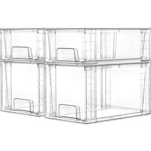 Vtopmart 4 Pack Clear Stackable Storage Drawers,Under Sink and Kitchen Organizers Storage,Easy to Assemble Plastic Drawers for Baby Bottle,Medicine, Bathroom,Cabinet and Pantry Organization