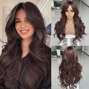 Long Dark Brown Wavy Layered Wigs with Curtain Bangs Brown Wig for Black White Women Synthetic Long Blonde Butterfly Haircut for Girls Daily Party Use