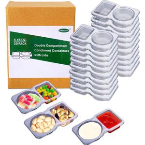 20 Sets Disposable Condiment Container with Lid, Double Compartment Plastic Container for Used for Travel Size Condiments, Snack, Dipping Sauce