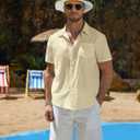 Vssjavun Mens Short Sleeve Button Down Shirts Casual Cotton Shirt Summer Beach Shirts (Beige, XXXL)
