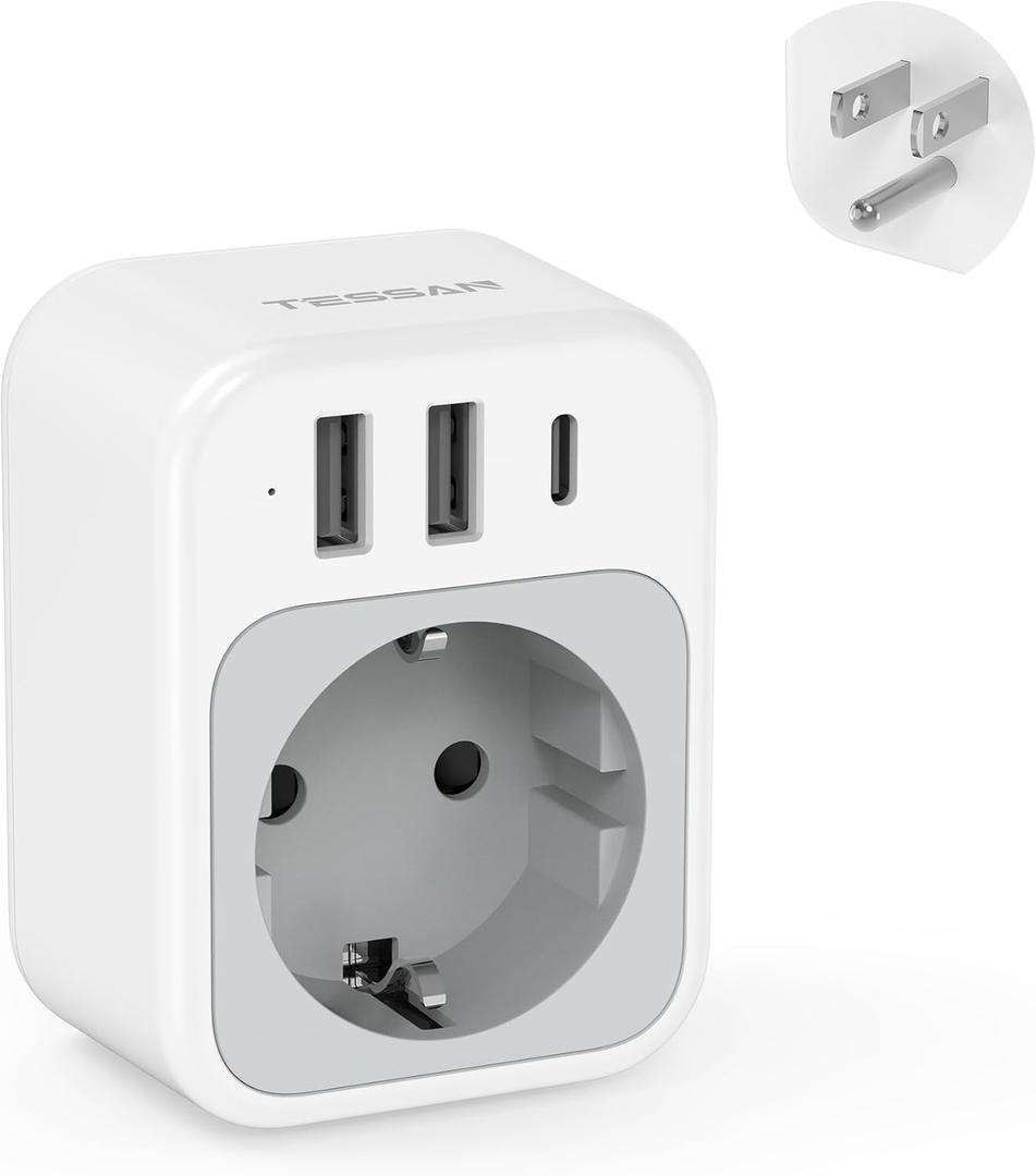 TESSAN EU to US Plug Adapter, European Travel Adaptor with 1 AC Outlet and 3 USB Ports(1 USB C), Most of Europe Germany France Korea Greece Type C/E/F Plugs to US Power Adapter