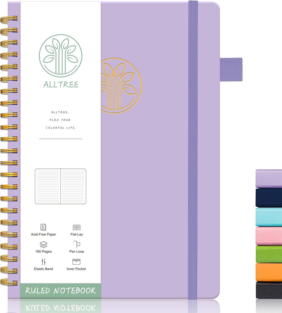 Alltree Lined Journal Notebook, Spiral Notebook for Work, A5 Medium, Spiral Hardcover Notebook with Tabs, Pen Loop, Pocket, Stickers, 160 Pages, Journal for Women & Men, Purple(6"x8.5") (Lavendar)
