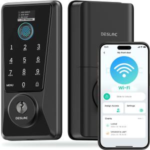 DESLOC WiFi Smart Lock D110 Plus, Built-in Wi-Fi No Hub Needed, Fingerprint Keyless Entry Front Door Lock, Touchscreen Keypad Deadbolt, Remote Control, Auto Lock, Anti-Peep PIN, BHMA, Alexa Compatible (Black)