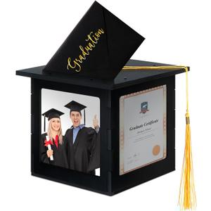 Menkxi 2026 Wooden Graduation Card Box Holder for Party with Picture Frame Graduation Cap Shaped Gift Card Box Decorations with Tassel for Grad College Party Favors(Black)