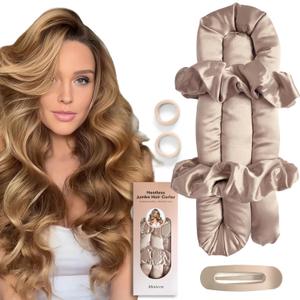 BLINKEEN Jumbo Heatless Hair Curler Set-Satin Heatless Curls Overnight, Jumbo Curling Rod Headband, No Heat Curlers To Sleep in (Beige)