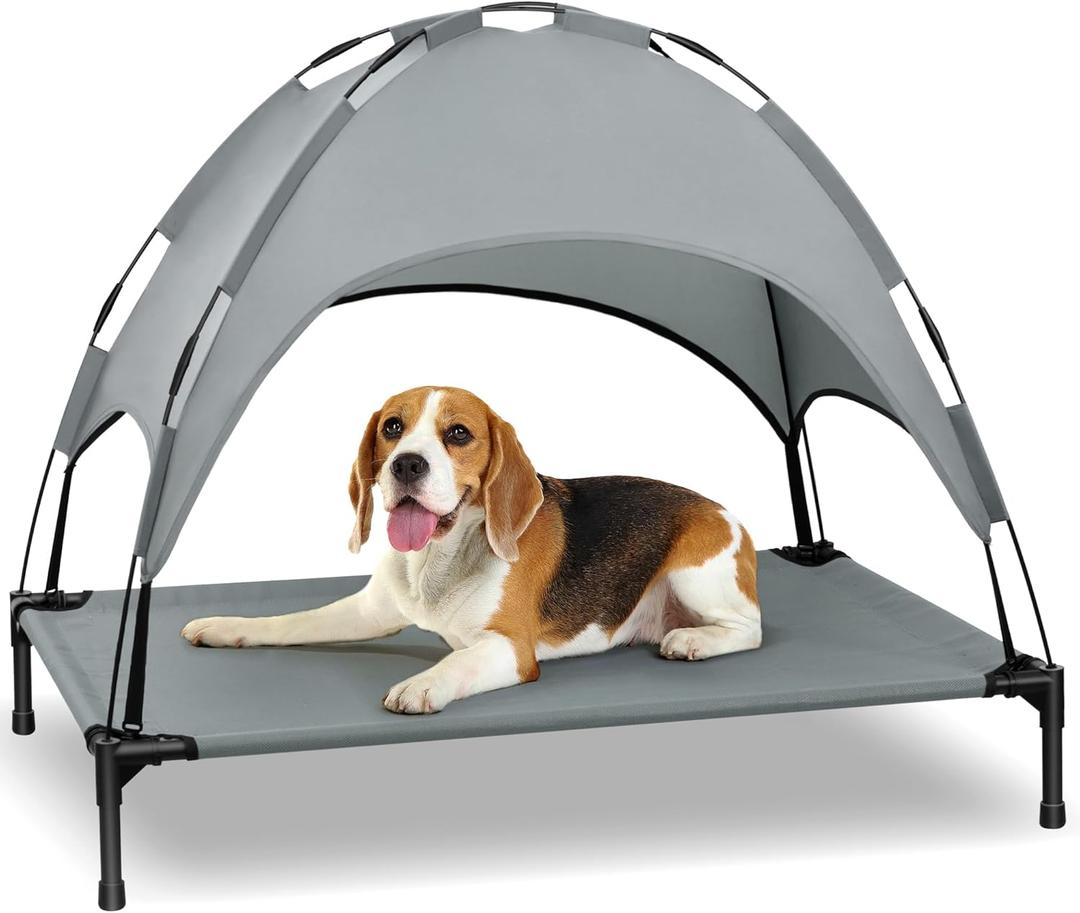 Heeyoo Elevated Dog Bed with Canopy, Portable Dog Cot with Removable Shade Tent, Outdoor Raised Pet Cot Cooling Bed for Dogs (42"L x 31"W x 7.5"H, Grey)