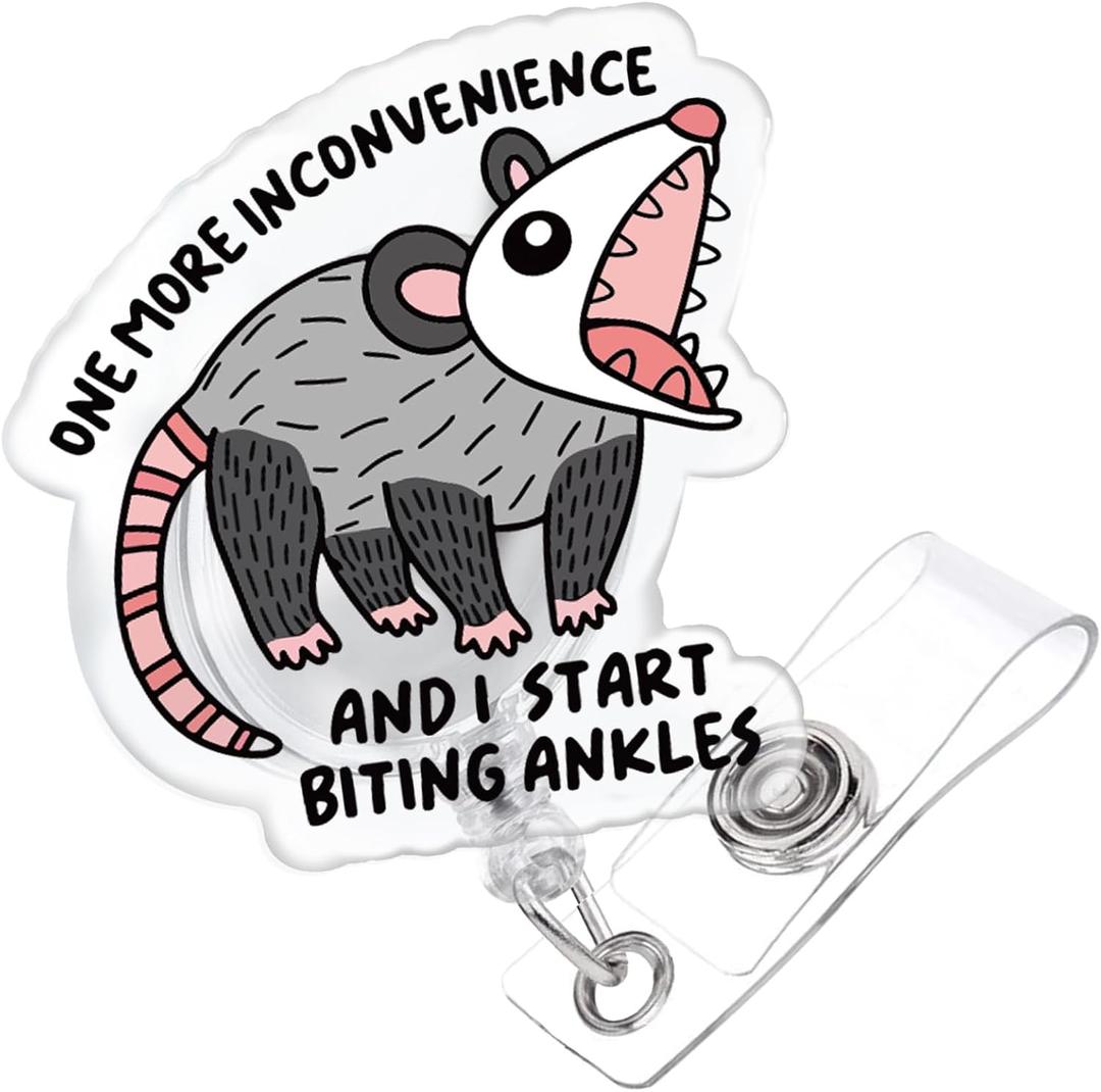 Badge Reel Funny, One More Inconvenience Retractable Glitter Funny Opossum Badge Reel Holder Nursing Nicu Accessories ID Clip for Nurse Doctor Medical Office Worker Teacher, Opossum Lover Gifts
