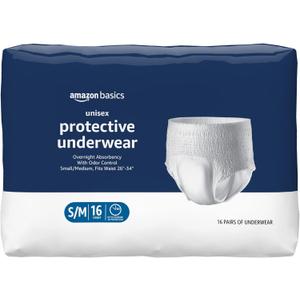 Amazon Basics Unisex Protective Underwear, Overnight Absorbency, Small/Medium, 16 Count, (1 Pack of 16)