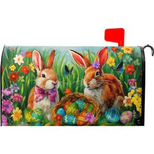 Easter Bunnies Mailbox Covers Magnetic Standard Size 25.5" X 21",Spring Colorful Eggs Flowers and Butterflys Mailbox Wraps Post Letter Box Easter Cover for Holiday Garden Yard Decor