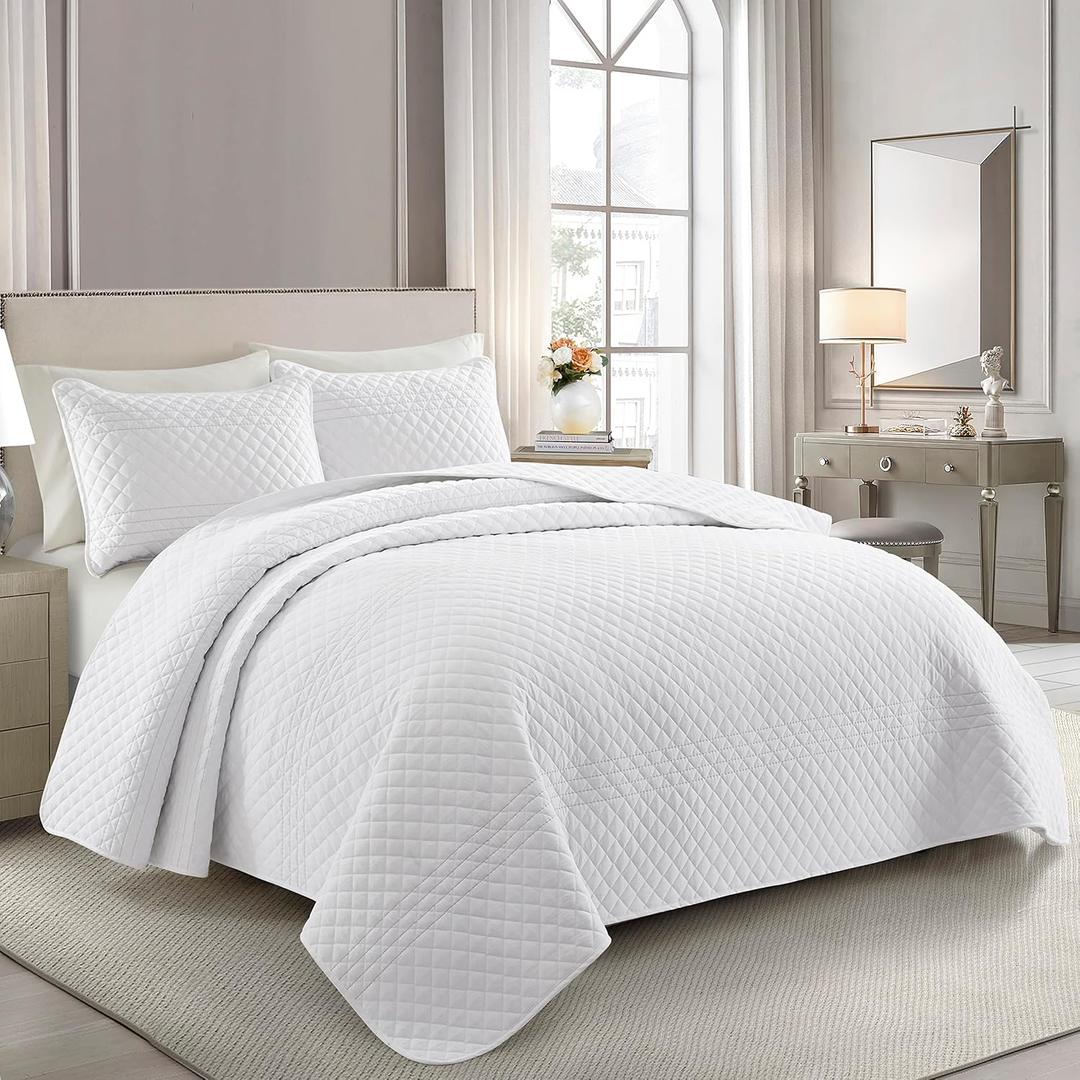 Bonlino Barley Bedding Quilt Set Bedspread - Lightweight Quilt Set Summer Farmhouse Modern Boho Style Striped Bedspread Coverlet with 2 Pillow Shams for Home Bedroom All Season (White, King)