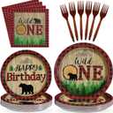 96Pcs Lumberjack Birthday Decorations Buffalo Plaid Lumberjack First Birthday Plates Disposable 350GSM Wild One Bear Woodland Tableware Set for Camping Hunting Party Baby Shower Decor, Serves 24