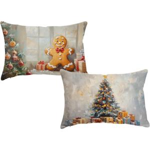 Christmas Pillow Covers 12x20 Inch Set of 2 Gingerbread Tree Holiday Lumbar Cushion Cases for Home Couch Sofa Oil Painting Style Winter Decorations