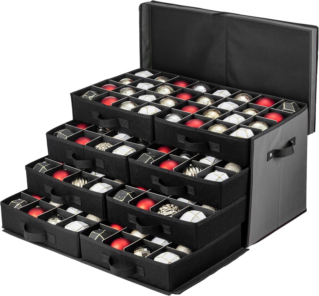 Premium Large Christmas Ornament storage Box, with Side Open, Drawer Style Trays - 3" Compartment, 8 Trays, Keeps 128 Holiday Ornaments & Xmas Accessories, Storage Container Made Of 600D Oxford Fabric