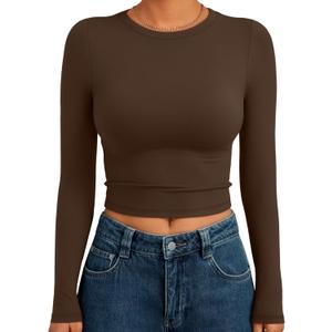 Trendy Queen Womens Long Sleeve Crop Tops Basic Slim Fitted Shirts Spring Fashion Outfits 2026 Teen Girl Clothes (Medium, Chocolate Brown)