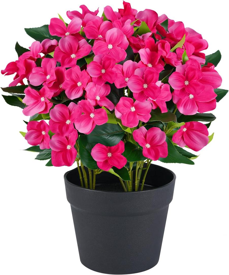 Artificial Impatiens Flowers for Outdoor Faux Flowers 14 Inch Fake Flowers Spring Summer Decoration for Home Front Door Garden Planter Patio Balcony Yard Indoor Outdoor (Rose Red)