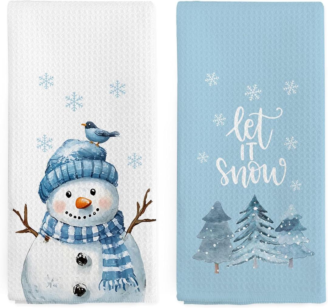 Blue Christmas Snowman Decor Kitchen Towels Set of 2, Winter Christmas Hand Towels for Bathroom, Blue Winter Xmas Tree Snowman Bird Dish Tea Towel for Kitchen, 16x24 Inch