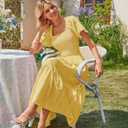 MEROKEETY Women's 2026 Summer Flowy Midi Maxi Dress Short Sleeve Square Neck Smocked Tiered Ruffle Boho Dresses with Pockets (Yellow, S)