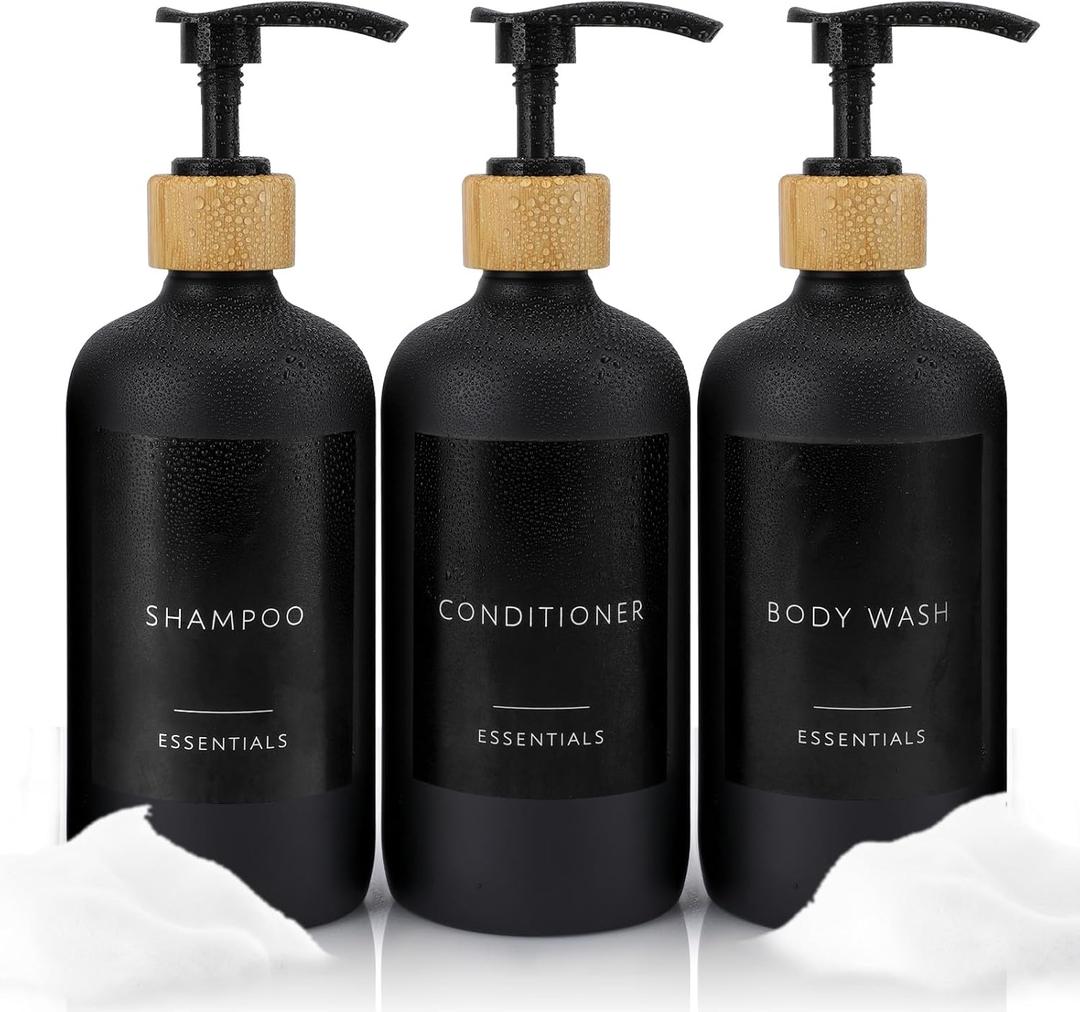 Nellyke Shampoo and Conditioner Dispenser Bottles Set, Modern Brown 21oz Refillable Shower Soap Dispenser with Bamboo Pump, Body Wash Dispenser for Shower Bathroom Kitchen,3 Pack (Black)
