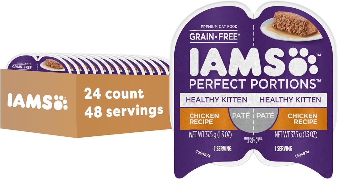 IAMS Perfect Portions Healthy Kitten Grain Free Wet Cat Food, Wet Cat Food Pate Recipe, Chicken Recipe, 2.6 oz. (24 Twin Packs) (EXP 03/26/28)