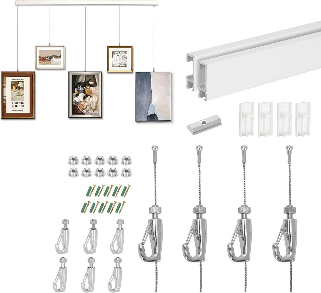 Picture Hanging System Click Rail Kits,- Innovative Art Hanging Rail System Including Two of White Rails 59", Four of Steel Cables, six of Hooks for hanging multiple frames, artwork, pictures, posters