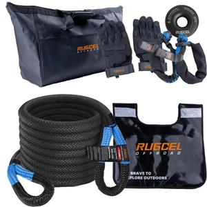 RUGCEL Kinetic Recovery Rope kit (30,360 lbs) Heavy-Duty Gloves, Soft Shackle, Snatch Block, Suitable for ATV, UTV Trucks,Car