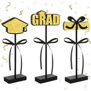 Black Gold Glitter Centerpieces for 2026 Graduation Decorations,Wooden Signs Grad Table Topper,Graduation Table Decorations for Class Of 2026 Party Decor and Party Favor(3 Pcs)