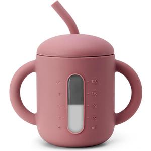 SAMiGO Silicone Baby Straw Cup for 6 12 18 Months, Sippy Cup for Infant and Toddler Training and Water Drinking, 6 OZ (Rose)