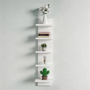 No Drill Wall Shelf Unit 5-Tier, Floating Storage Shelf, Decorative Wall Mount Vertical Shelving for Home, Bedroom,Living Room,Office (White)