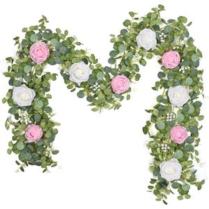 Waipfaru 2Pack 6.07FT Artificial Eucalyptus Garland with Flowers, Fake Rose Gypsophila Floral Garland, Floral Vines for Wedding Table Backdrop Party Centerpiece Room Decor (Pink)