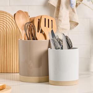 famiware Milkyway Kitchen Utensil Holder for Countertop, Ceramic Cooking Utensil Crocks for Kitchen Counter, Utensil Organizer for Spatula & Spoon, Set of 2, Cinnamon Brown and White