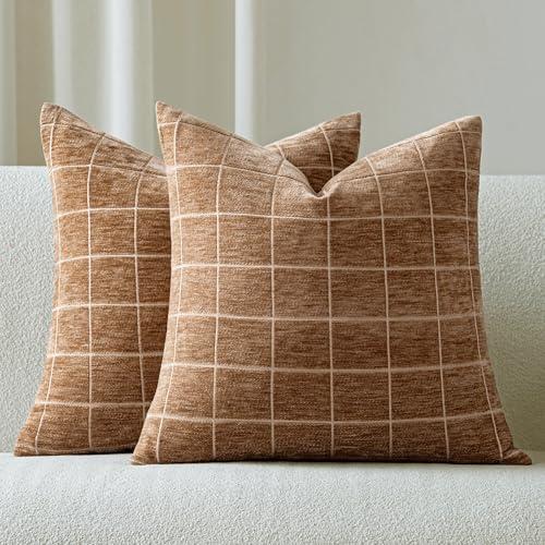 Aesthaboho Decorative Chenille Plaid Throw Pillow Covers 22x22 Inch Set of 2 Vintage Check Couch Pillows Neutral Boho Farmhouse Cushion Covers Modern Home Decor for Sofa Bed Living Room Camel