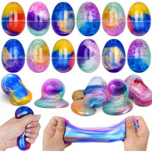 12 Pack Prefilled Easter Galaxy Slime Eggs,Galaxy Slime Easter Egg Fillers Stress Relief Easter Egg Hunt Filling Treats Classroom Easter Basket Stuffers Easter Party Favor for Kid Teens Boy Girl
