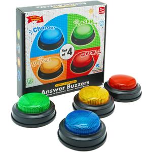 Set of 4 Buzzers for Trivia Games, Answer Buzzers for Classroom, Family Feud Jeopardy Buzzer, Game Buzzers with Lights and Sound for Classroom, Game Show Buzzer Buttons