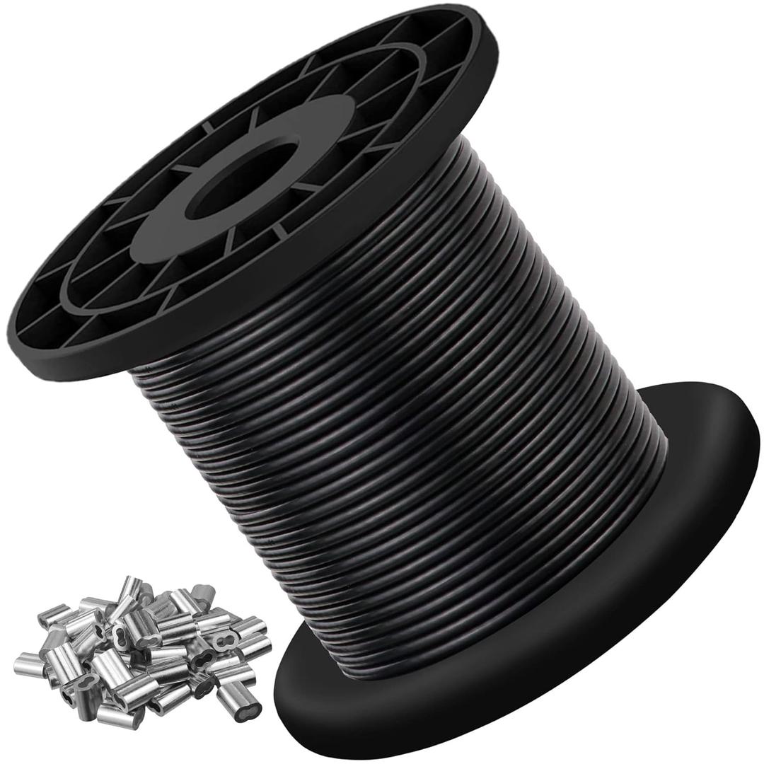 304 Stainless Steel Wire Rope Cable, Black Vinyl Coated - Outdoor Light Guide Wire for String Lights, Clotheslines - 1/16 Inch Overmolded to 3/32 Inch, 100ft