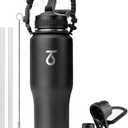 Trebo 32 oz Water Bottle Insulated Fit in Any Car Cup Holder,Triple Wall Vacuum Stainless Steel Water Bottles (Keep Cold for 48 Hrs),Leakproof Tumbler Flask with Paracord Handle,Straw Spout Lids (Black)
